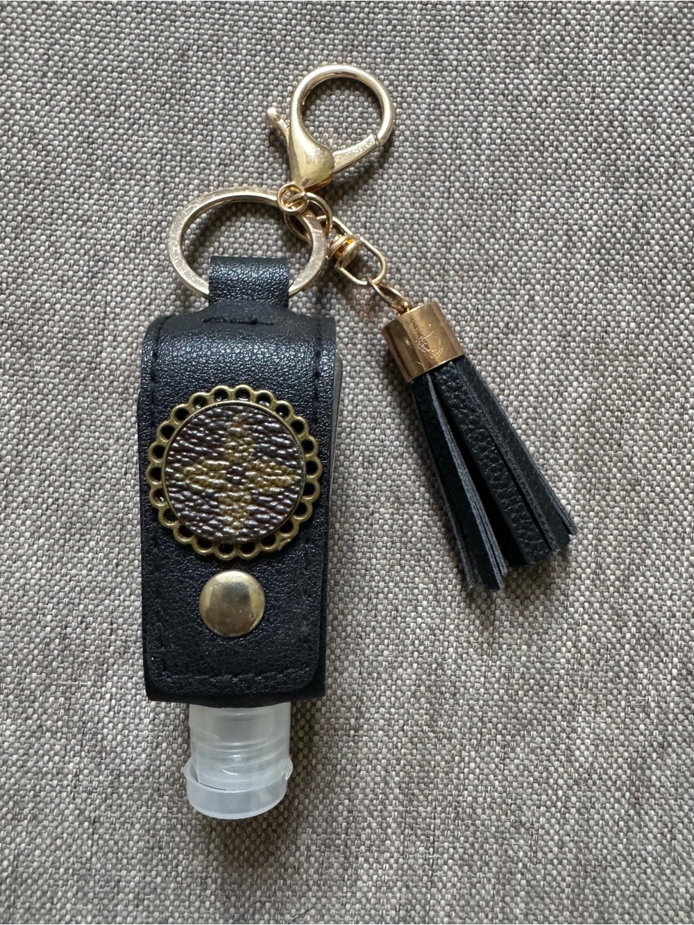 Black Faux Leather Hand Sanitizer Keychain Holder with Tassel For Backpack Purse